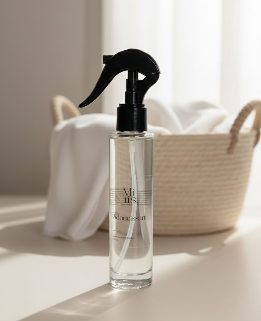 Flacon spray Adoucissant dans un décor doux et minimaliste avec du coton.