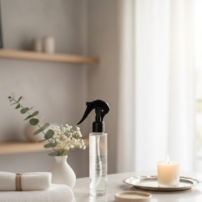 Flacon spray Ciel Bleu dans un environnement lumineux et minimaliste.