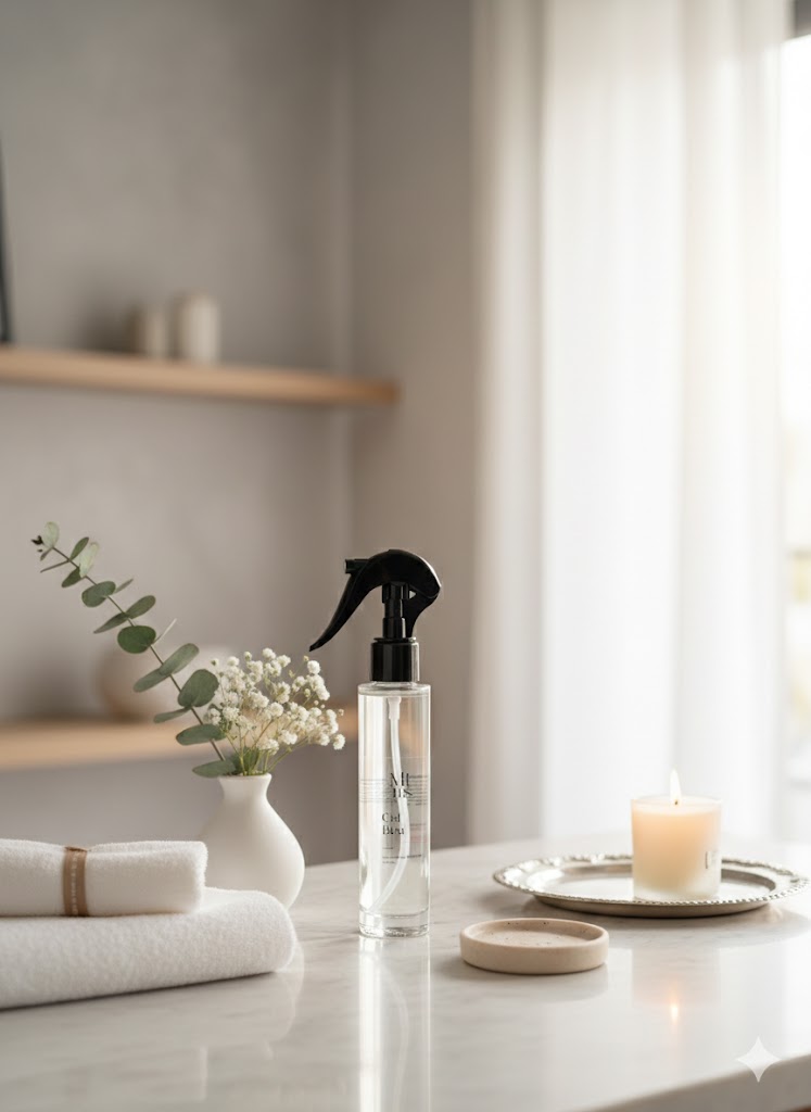 Flacon spray Ciel Bleu dans un environnement lumineux et minimaliste.