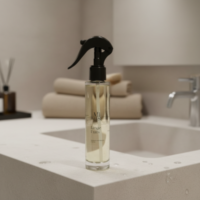 Flacon spray Linge Frais dans une ambiance minimaliste avec des tissus blancs.