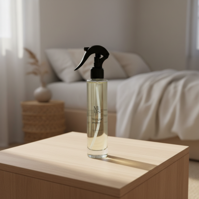 Flacon spray Mangue Papaye dans un décor lumineux et minimaliste.