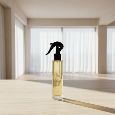 Flacon spray Nuit Dorée posé sur un linge de lit aux couleurs chaudes, style minimaliste.