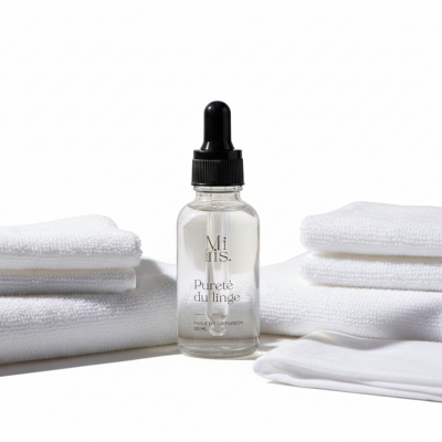 Petit flacon d'huile Pureté du Linge dans un univers blanc et épuré.