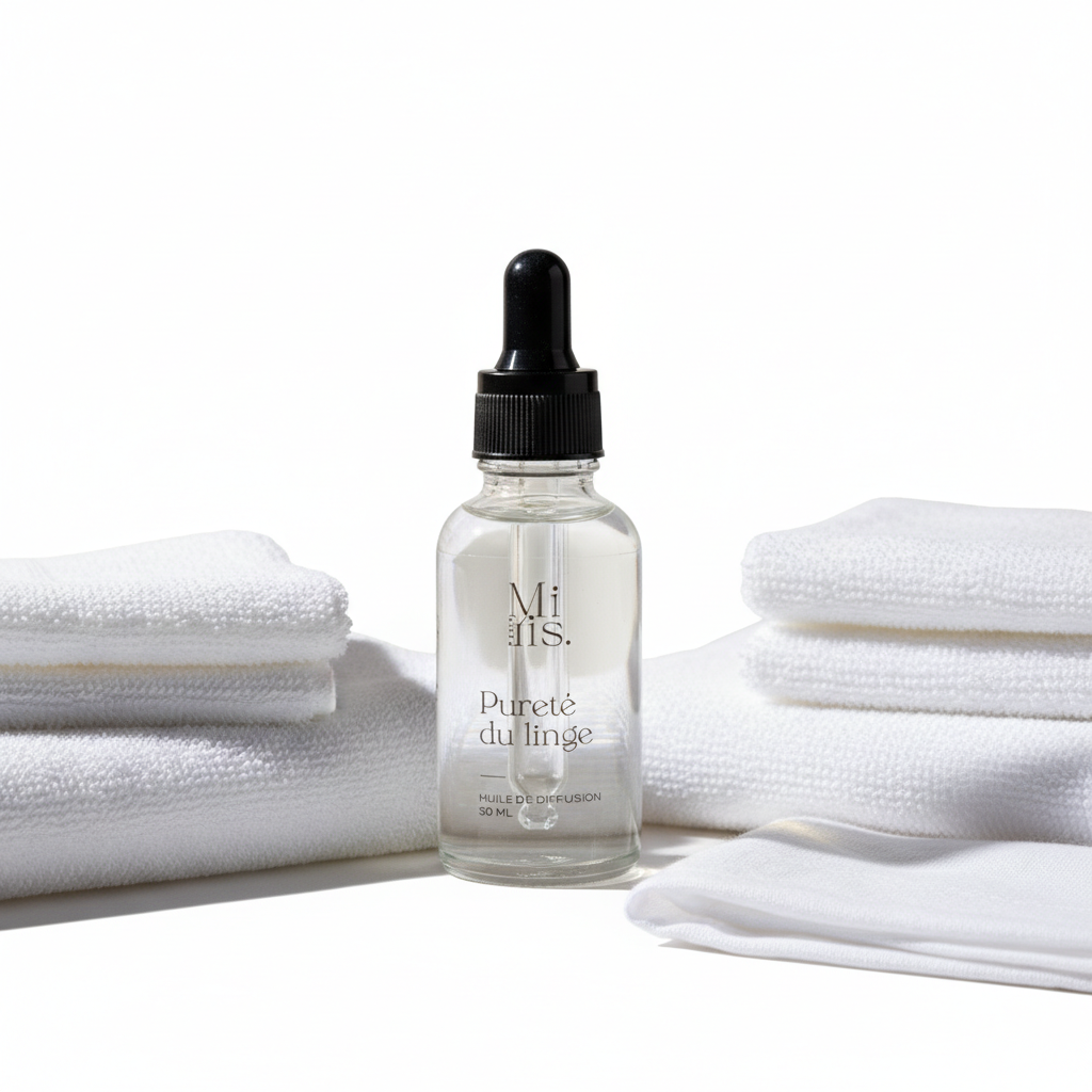 Petit flacon d'huile Pureté du Linge dans un univers blanc et épuré.