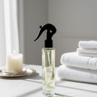 Flacon spray The White dans un univers blanc minimaliste et poudré.